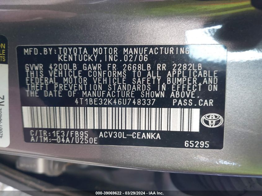 4T1BE32K46U748337 | 2006 TOYOTA CAMRY