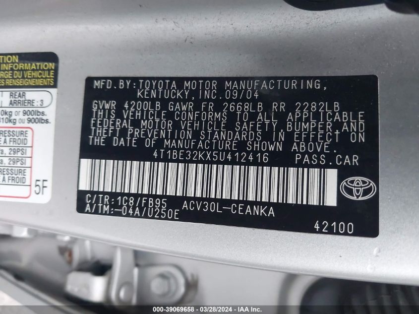 4T1BE32KX5U412416 | 2005 TOYOTA CAMRY