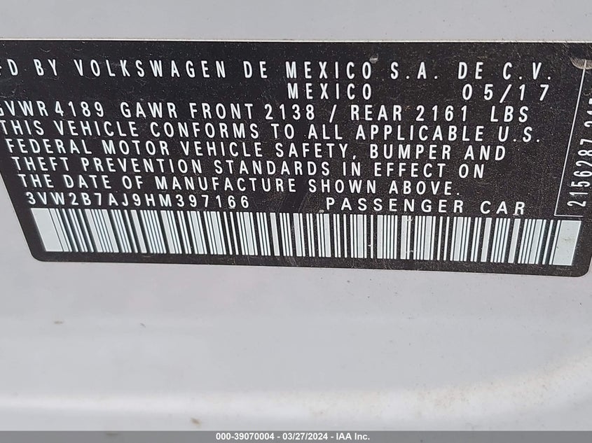 VIN 3VW2B7AJ9HM397166 2017 VOLKSWAGEN JETTA S