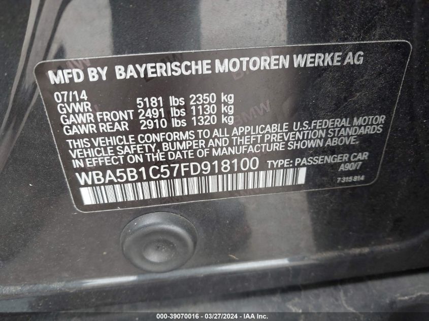 WBA5B1C57FD918100 | 2015 BMW 535I