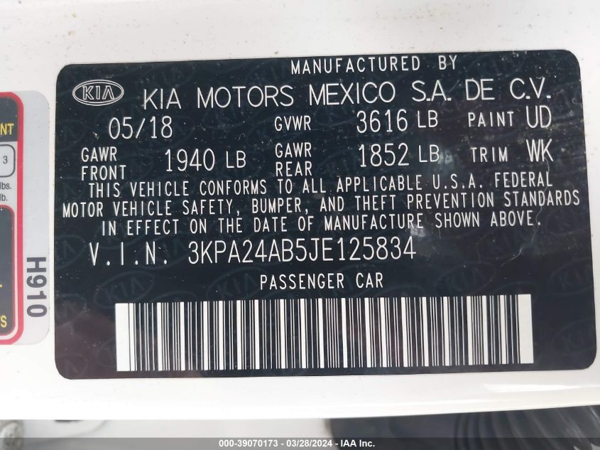 3KPA24AB5JE125834 2018 Kia Rio Lx