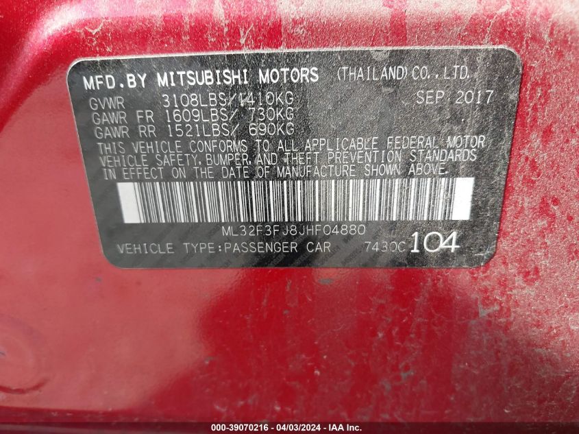 2018 Mitsubishi Mirage G4 Es VIN: ML32F3FJ8JHF04880 Lot: 39070216