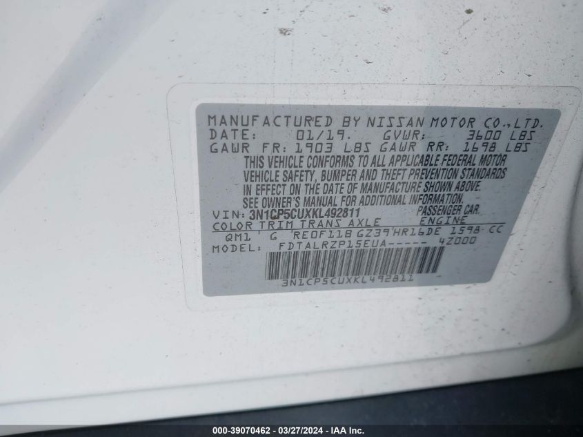 VIN 3N1CP5CUXKL492811 2019 NISSAN KICKS S/SR/SV