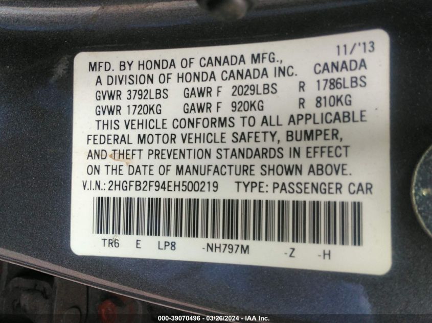 2HGFB2F94EH500219 | 2014 HONDA CIVIC