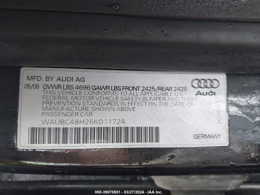 WAUBC48H26K011724 | 2006 AUDI A4