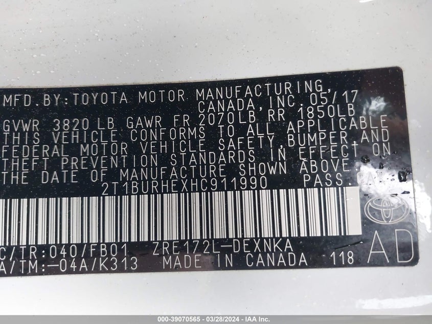 VIN 2T1BURHEXHC911990 2017 TOYOTA COROLLA LE