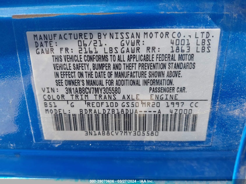 VIN 3N1AB8CV7MY305580 2021 NISSAN SENTRA SV XTRONIC CVT