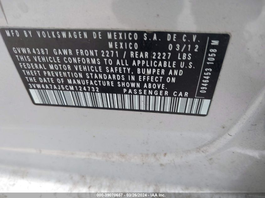 3VW4A7AJ5CM124732 | 2012 VOLKSWAGEN JETTA