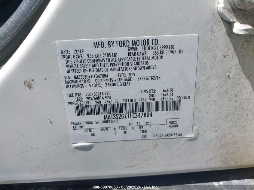 MAJ3S2GE1LC347804 2020 Ford Ecosport Se