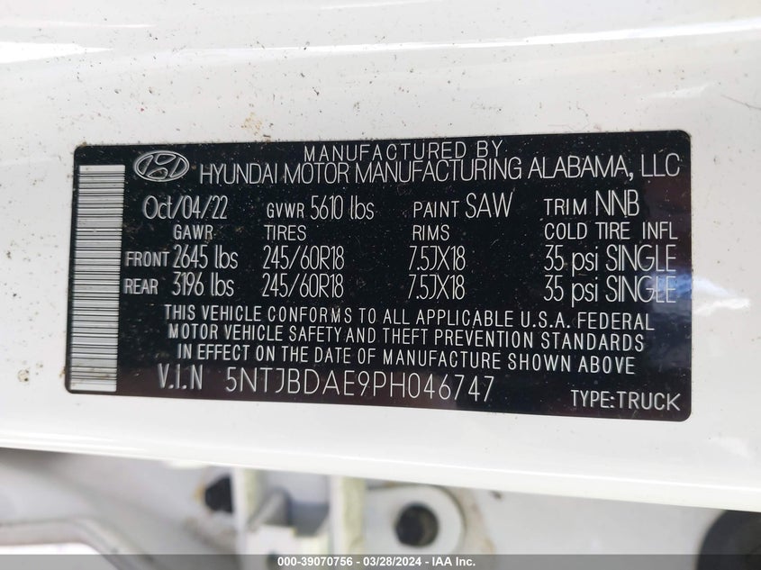 VIN 5NTJBDAE9PH046747 2023 HYUNDAI SANTA CRUZ SEL