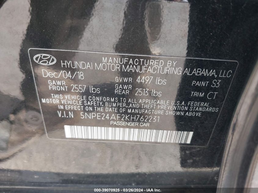 5NPE24AF2KH762231 | 2019 HYUNDAI SONATA