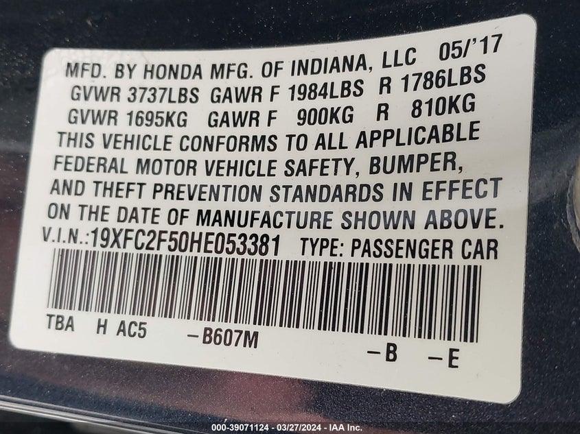 VIN 19XFC2F50HE053381 2017 HONDA CIVIC LX