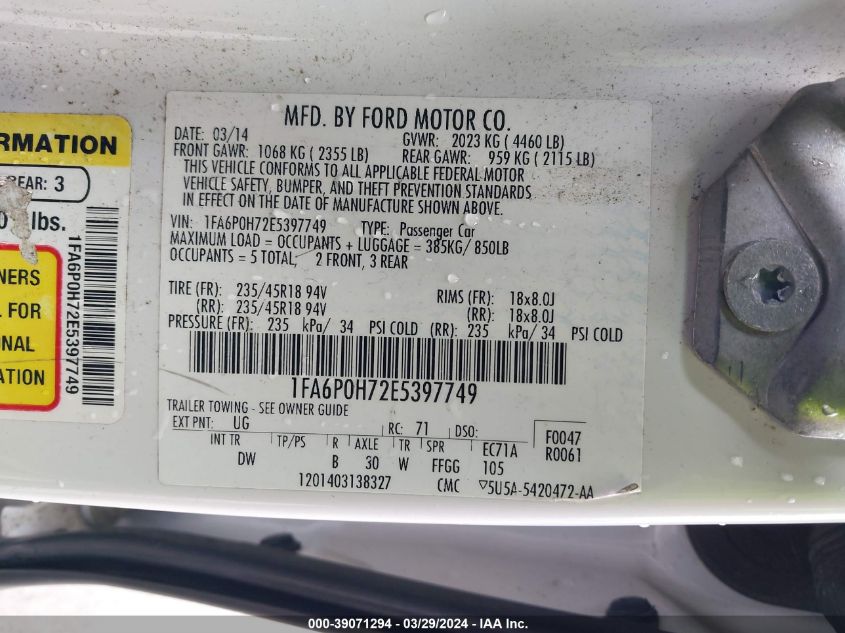 1FA6P0H72E5397749 | 2014 FORD FUSION