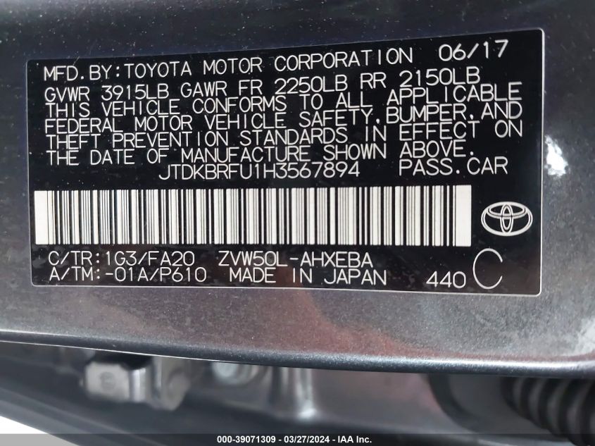 2017 Toyota Prius Two VIN: JTDKBRFU1H3567894 Lot: 39071309