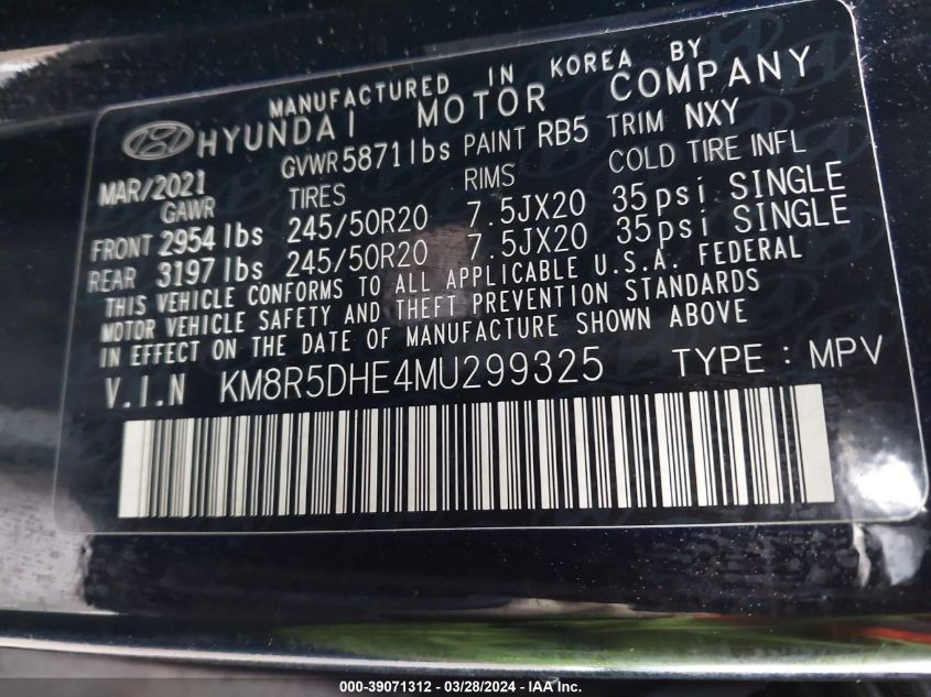 KM8R5DHE4MU299325 2021 Hyundai Palisade Limited