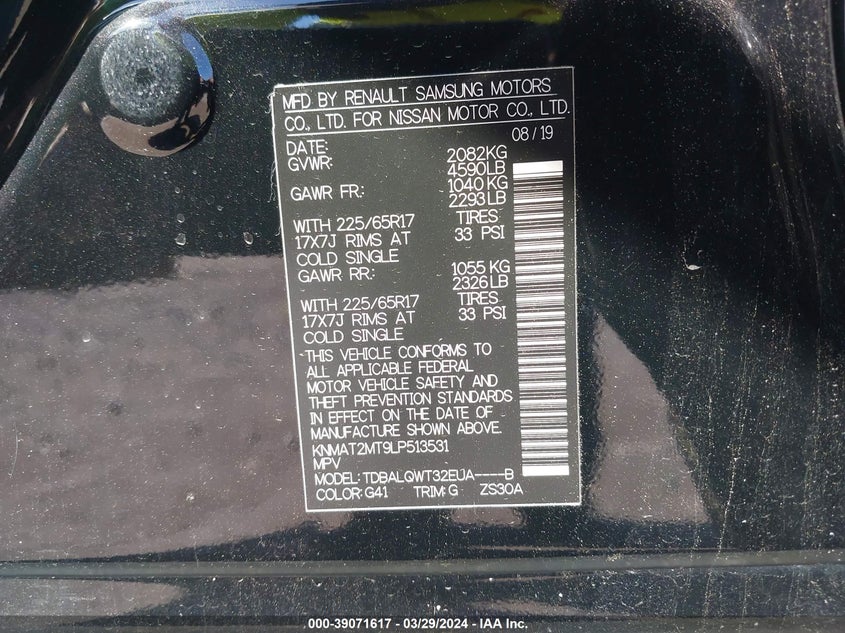 VIN KNMAT2MT9LP513531 2020 NISSAN ROGUE SV FWD