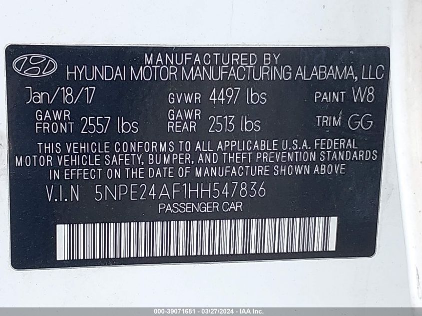 5NPE24AF1HH547836 | 2017 HYUNDAI SONATA