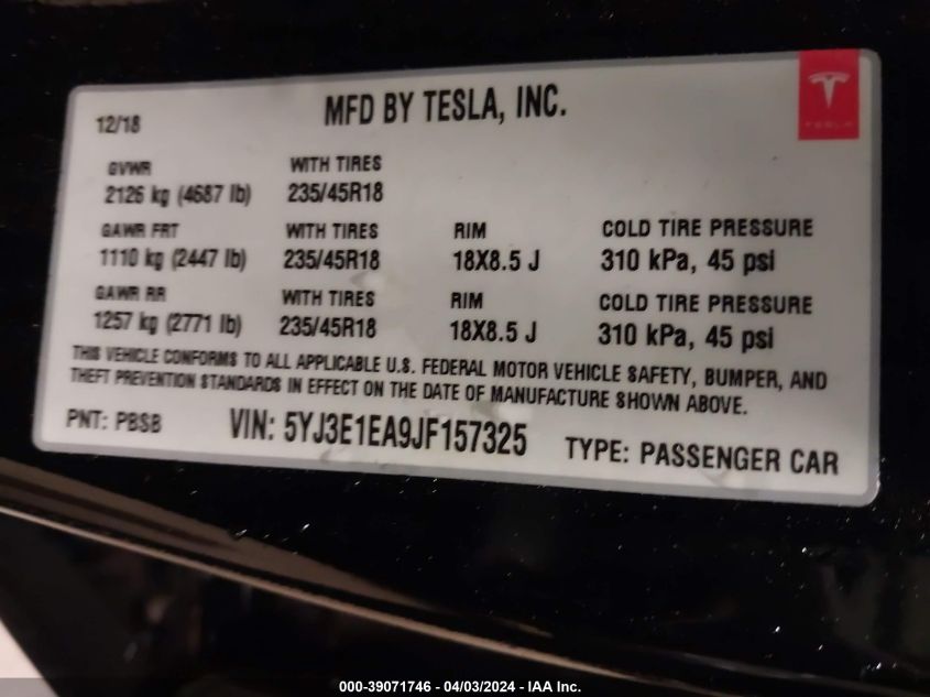 5YJ3E1EA9JF157325 2018 Tesla Model 3 Long Range/Mid Range