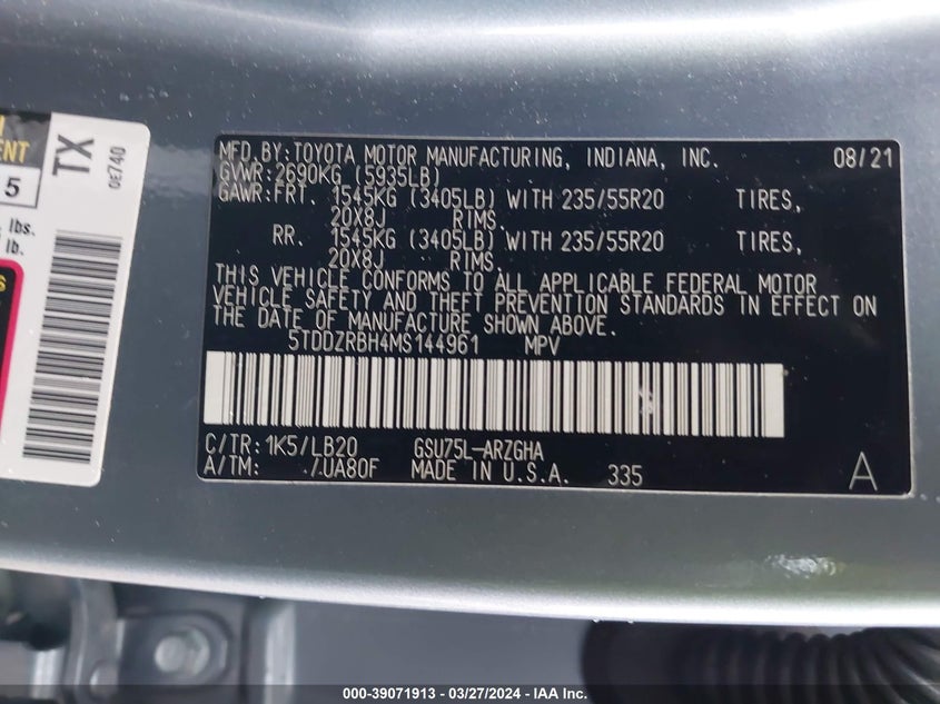 2021 TOYOTA HIGHLANDER VIN: 5TDDZRBH4MS144961