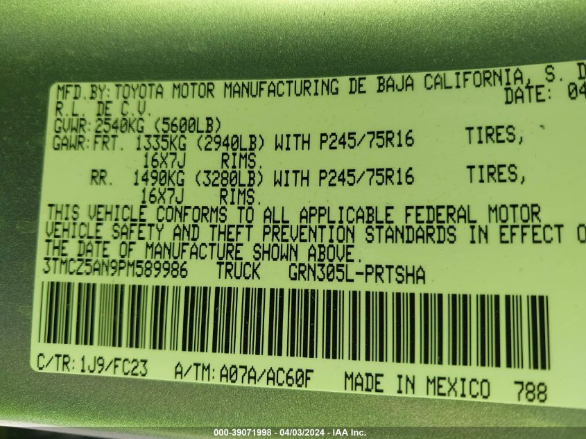 2023 Toyota Tacoma Sr5 V6 VIN: 3TMCZ5AN9PM589986 Lot: 39071998