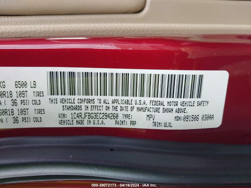 2014 Jeep Grand Cherokee Limited VIN: 1C4RJFBG3EC294260 Lot: 39072173