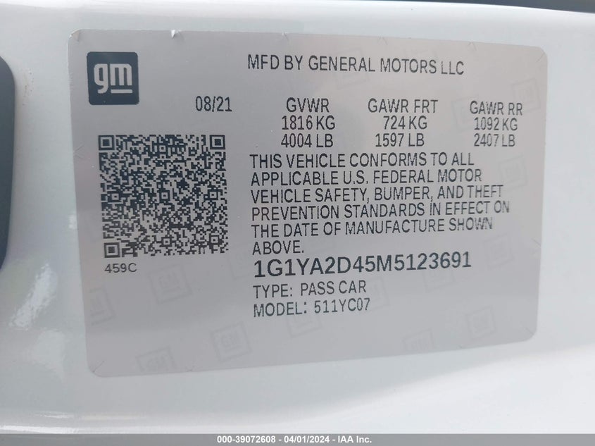 2021 CHEVROLET CORVETTE STINGRAY RWD  1LT - 1G1YA2D45M5123691