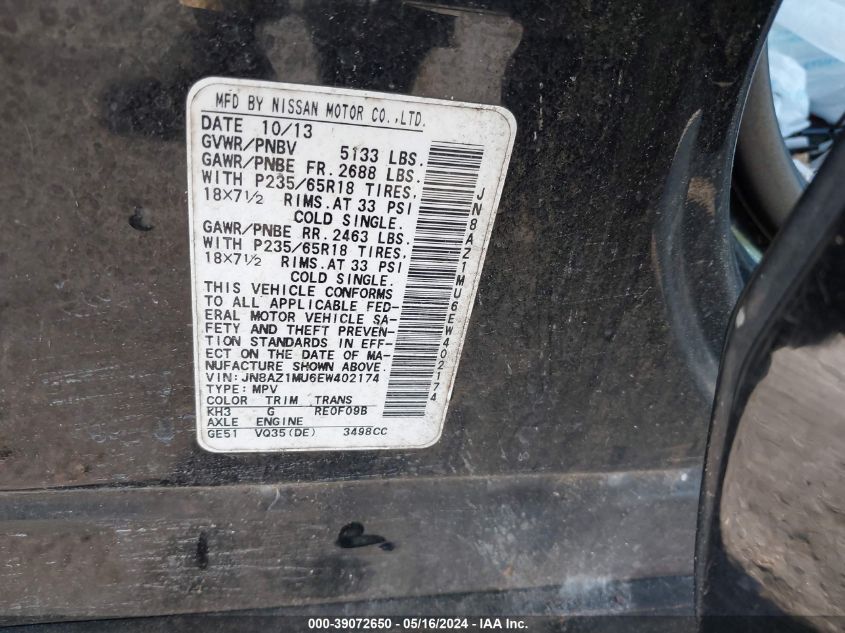 2014 Nissan Murano S VIN: JN8AZ1MU6EW402174 Lot: 39072650