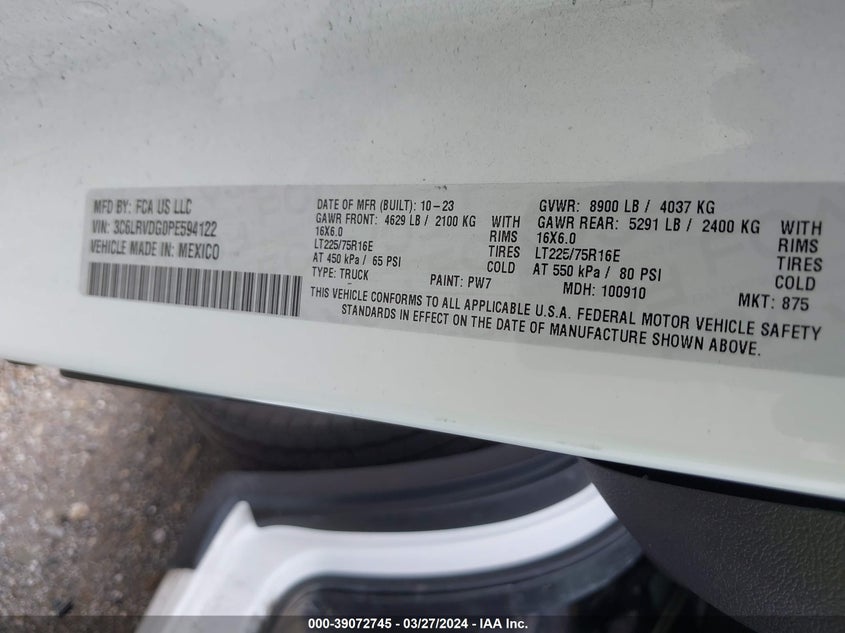 2023 RAM PROMASTER 2500 3.6L V6   N(VIN: 3C6LRVDG0PE594122
