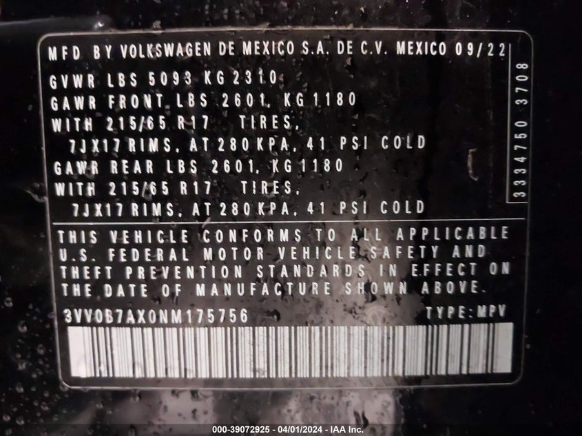 VIN 3VV0B7AX0NM175756 2022 VOLKSWAGEN TIGUAN S