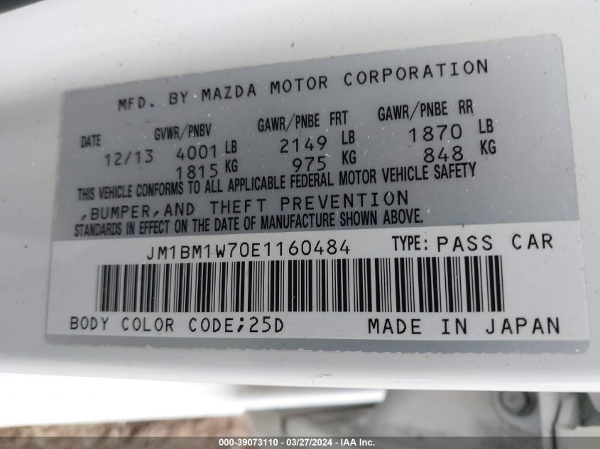 2014 Mazda Mazda3 I Grand Touring VIN: JM1BM1W70E1160484 Lot: 39073110