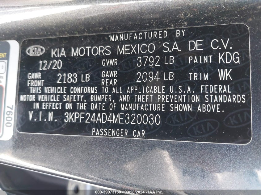 VIN 3KPF24AD4ME320030 2021 KIA FORTE FE