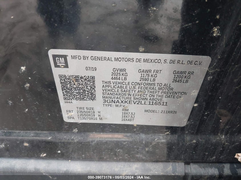 VIN 3GNAXKEV2LL116511 2020 CHEVROLET EQUINOX FWD LT 1.5L TURBO
