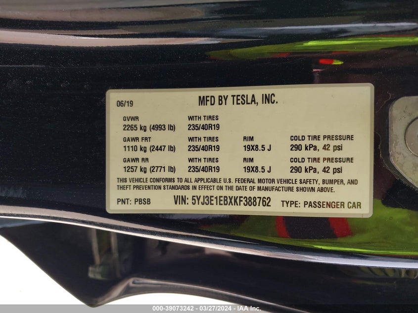 VIN 5YJ3E1EBXKF388762 2019 TESLA MODEL 3 LONG RANGE/PERFORMANCE