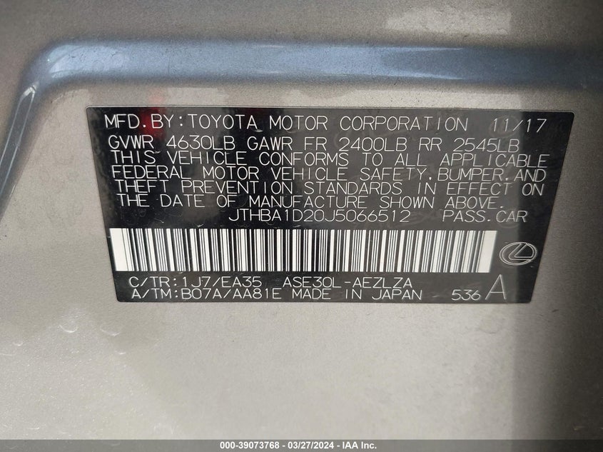 VIN JTHBA1D20J5066512 2018 LEXUS IS 300