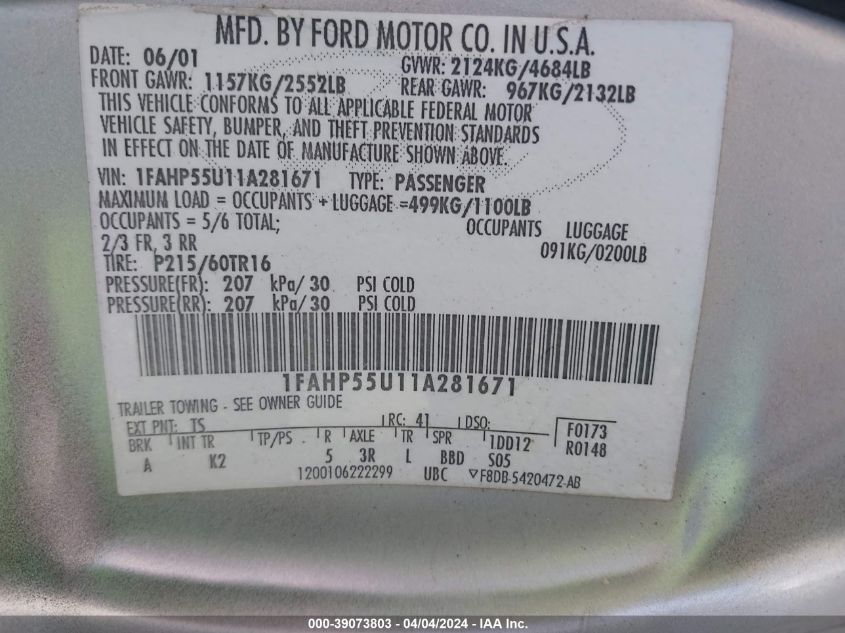 2001 Ford Taurus Ses VIN: 1FAHP55U11A281671 Lot: 39073803