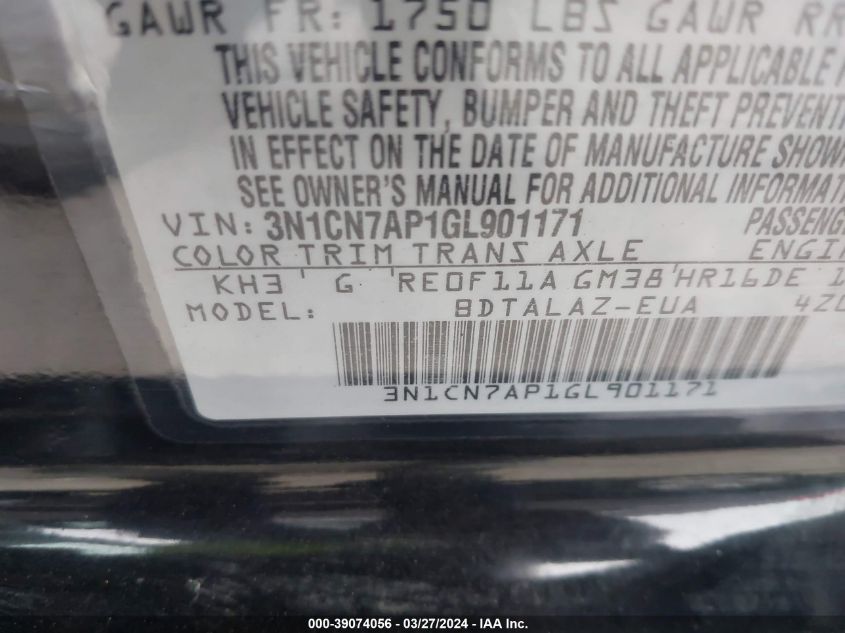 3N1CN7AP1GL901171 | 2016 NISSAN VERSA