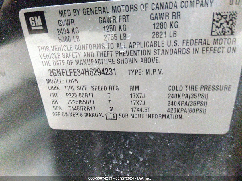 VIN 2GNFLFE34H6294231 2017 CHEVROLET EQUINOX LT