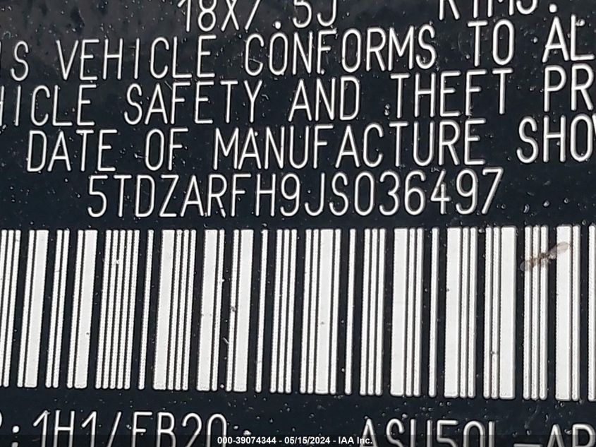 2018 Toyota Highlander Le VIN: 5TDZARFH9JS036497 Lot: 39074344