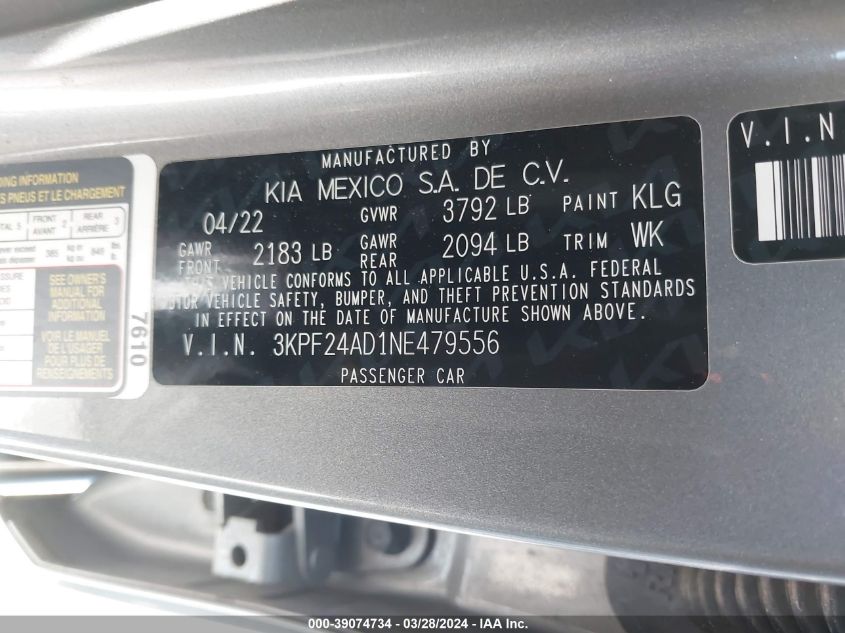 3KPF24AD1NE479556 | 2022 KIA FORTE