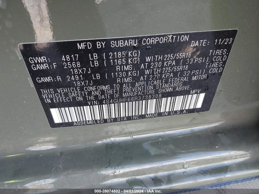 VIN 4S4GUHF66R3738308 2024 SUBARU CROSSTREK SPORT