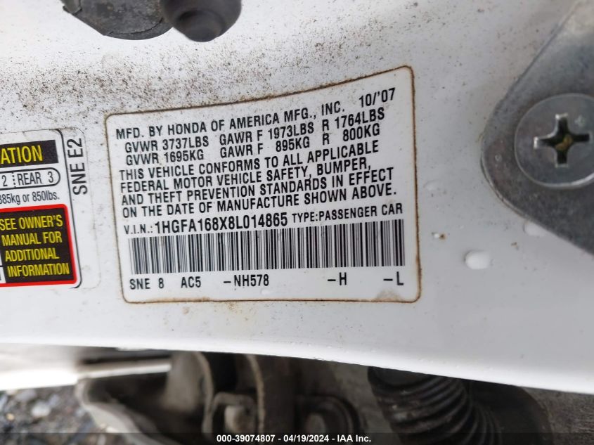 2008 Honda Civic Ex VIN: 1HGFA168X8L014865 Lot: 39074807