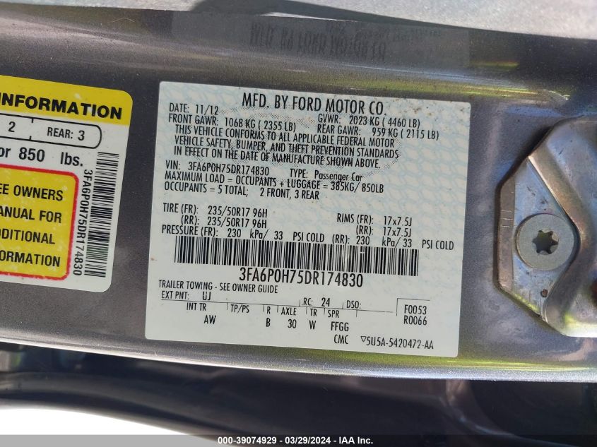 2013 Ford Fusion Se VIN: 3FA6P0H75DR174830 Lot: 39074929