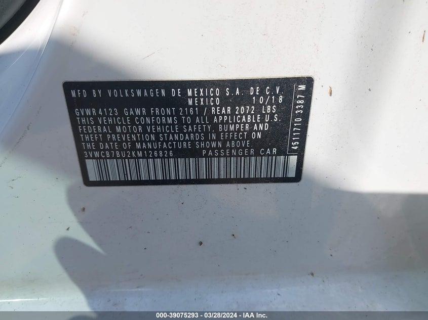 VIN 3VWCB7BU2KM126826 2019 VOLKSWAGEN JETTA 1.4T R-LINE/1.4T S/1.4T SE