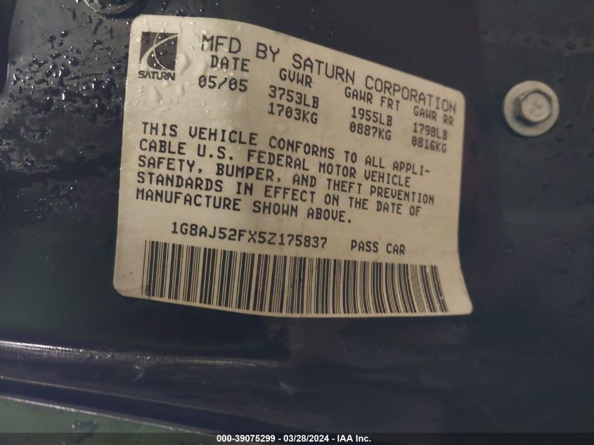 1G8AJ52FX5Z175837 | 2005 SATURN ION