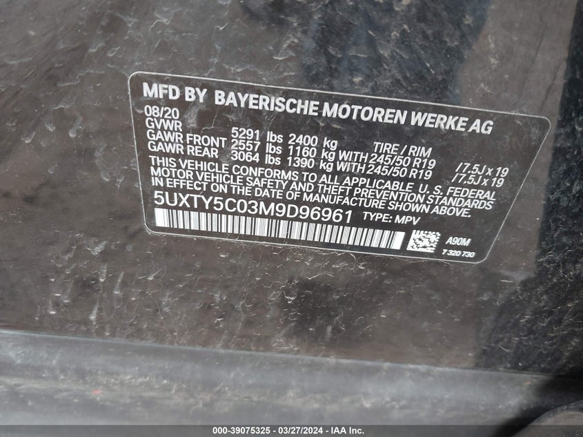 VIN 5UXTY5C03M9D96961 2021 BMW X3 XDRIVE30I