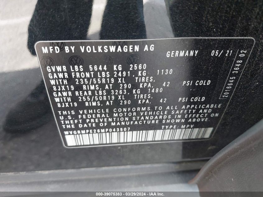 WVGRMPE26MP043507 2021 Volkswagen Id.4 Pro