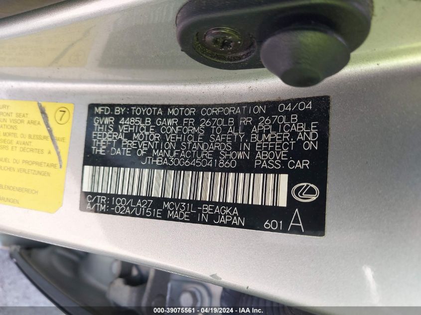 2004 Lexus Es 330 VIN: JTHBA30G645041860 Lot: 39075561