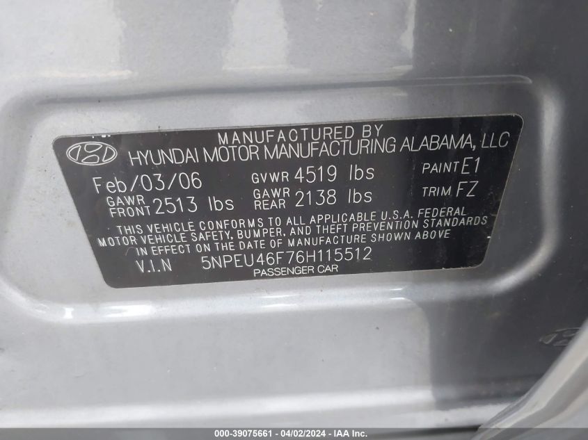 5NPEU46F76H115512 | 2006 HYUNDAI SONATA