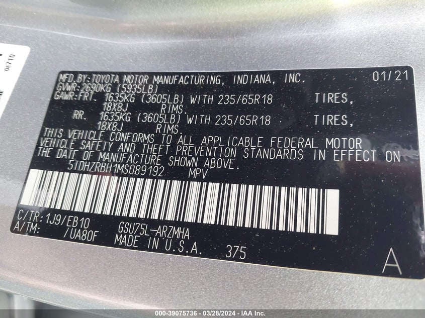 2021 TOYOTA HIGHLANDER VIN: 5TDHZRBH1MS089192