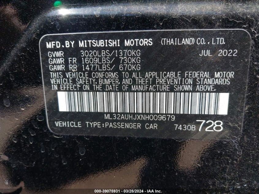 ML32AUHJXNH009679 2022 Mitsubishi Mirage Es/Le